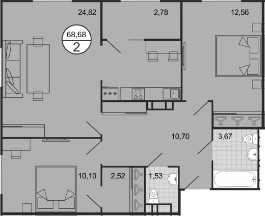 3-комн., 65.9 м², 6/9 этаж, ЖК «Событие»