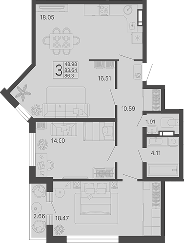 3-комн., 83.64 м², 16/19 этаж, ЖК «Светский лес»