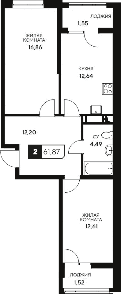 2-комн., 58.8 м², 11/20 этаж, ЖК «Центральный. Гамма»