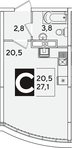 Студия, 27.1 м², 16/16 этаж, ЖК «Самолет»