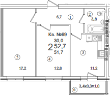 Продается 2-комн. квартира, 51.7 м²