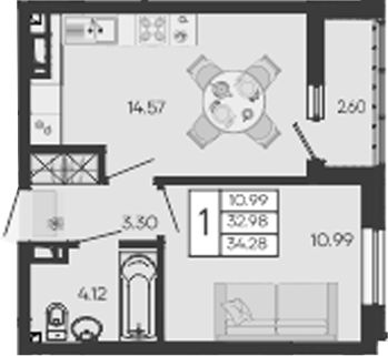 1-комн., 32.98 м², 4/9 этаж, ЖК «Дом 101»