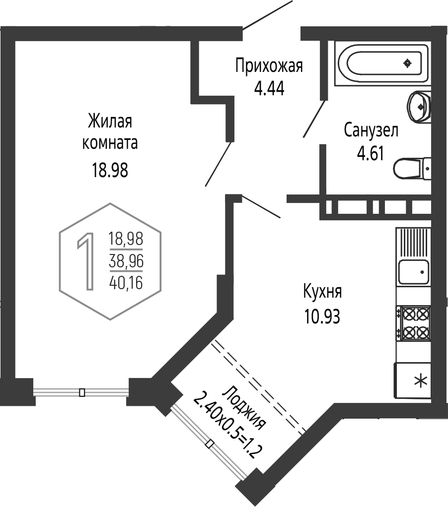 1-комн., 38.96 м², 12/16 этаж, ЖК «Гарантия PRIME»