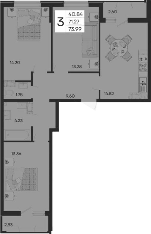 3-комн., 71.27 м², 10/18 этаж, ЖК «Дом 101»