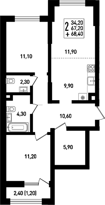 3-комн., 67.9 м², 1/8 этаж, ЖК «Югге»