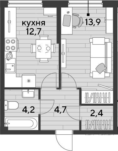 1-комн., 37.9 м², 2/16 этаж, ЖК «DОГМА ПАРК»