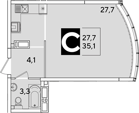 Студия, 35.1 м², 15/16 этаж, ЖК «Самолет»