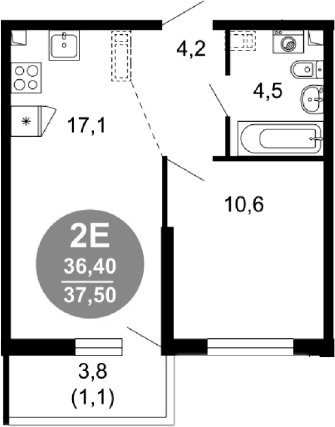 2-комн., 36.4 м², 1/17 этаж, ЖК «Лестория»
