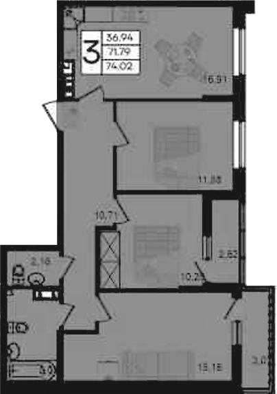 3-комн., 71.79 м², 9/9 этаж, ЖК «Дом 101»