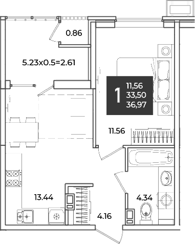 1-комн., 33.5 м², 6/18 этаж, ЖК «Образцово»