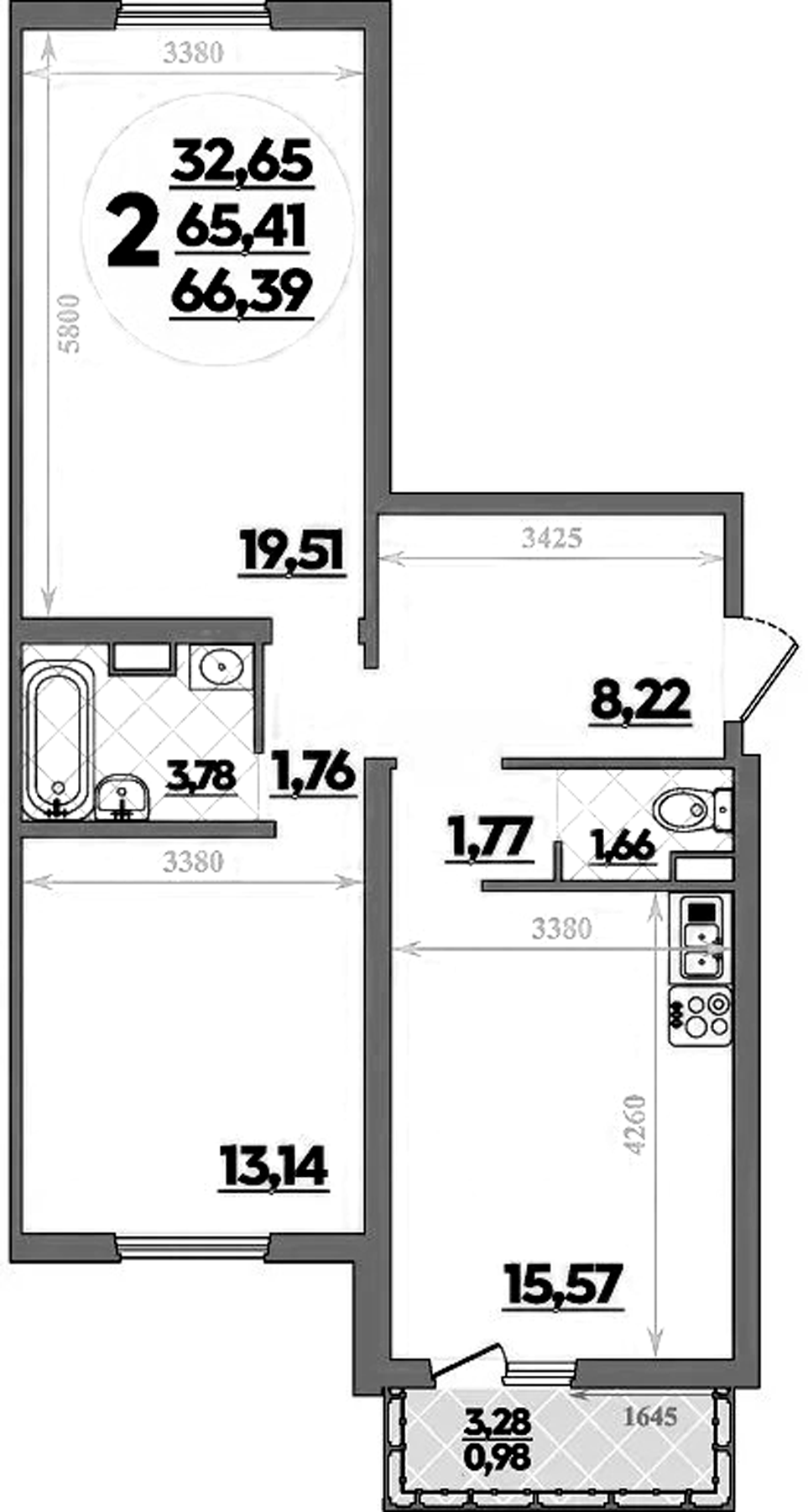 2-комн., 65.41 м², 1/9 этаж, ЖК «Предгорье Лаго-Наки»