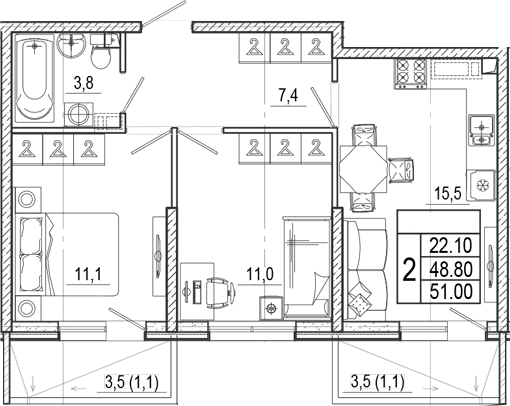 3-комн., 48.8 м², 2/15 этаж, ЖК «Лестория»