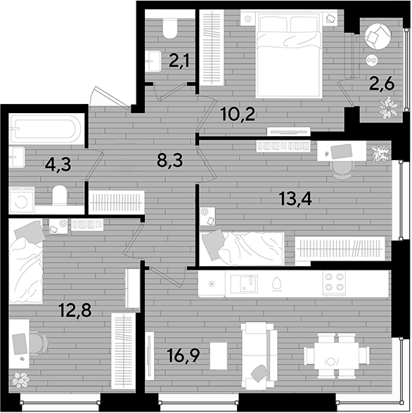 3-комн., 68 м², 2/16 этаж, ЖК «DОГМА ПАРК»