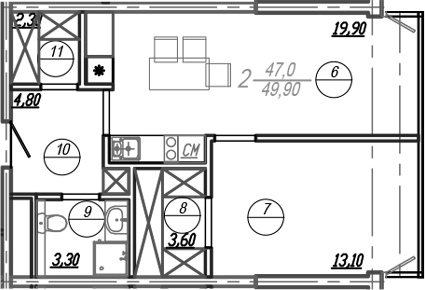2-комн., 47 м², 15/18 этаж, ЖК «АКСИС Центр»