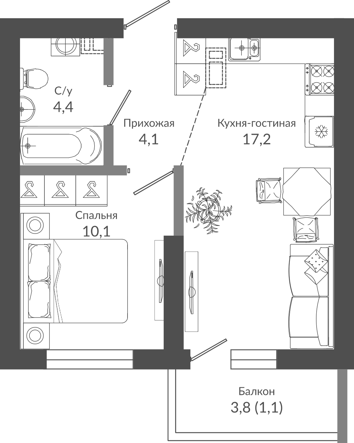 2-комн., 35.8 м², 1/12 этаж, ЖК «Флора»