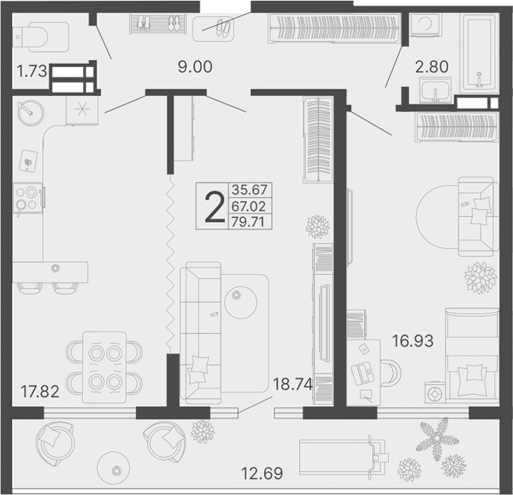 2-комн., 67.02 м², 8/20 этаж, ЖК «Светский лес»