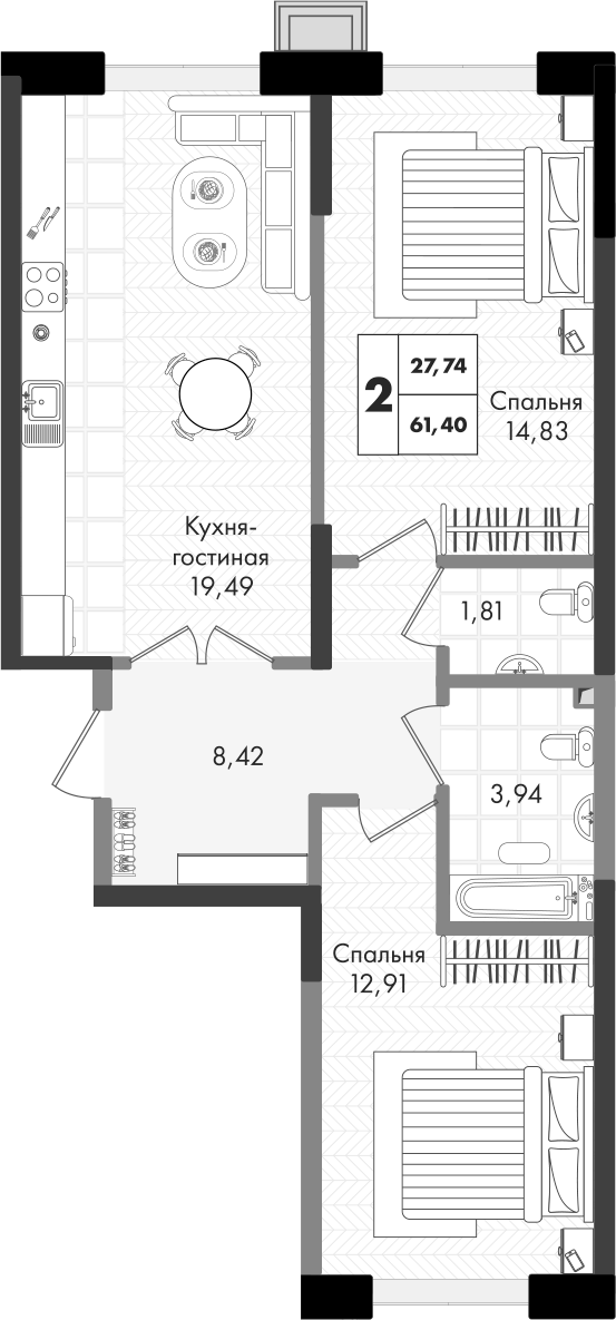 3-комн., 61.4 м², 8/9 этаж, ЖК «Зеленая территория»