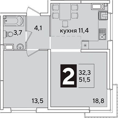 Продается 2-комн. квартира, 51.5 м²
