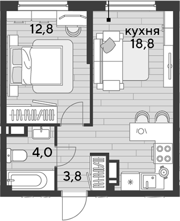 1-комн., 39.4 м², 13/16 этаж, ЖК «DОГМА ПАРК»