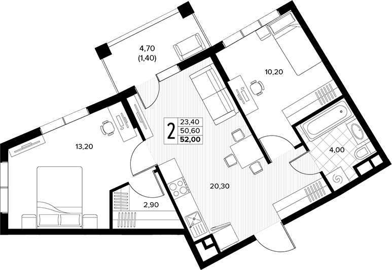 2-комн., 50.6 м², 5/8 этаж, ЖК «Кипарис»