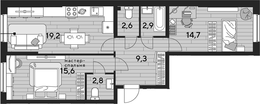 2-комн., 67.1 м², 2/16 этаж, ЖК «DОГМА ПАРК»
