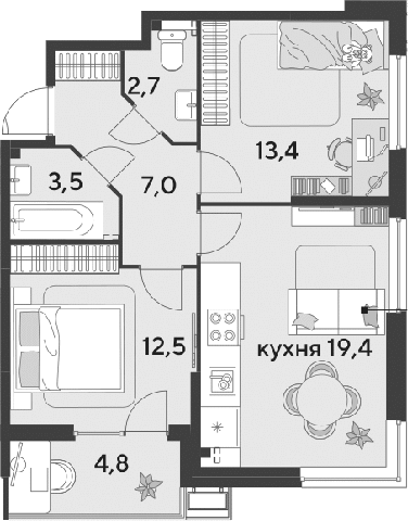 3-комн., 58.5 м², 2/9 этаж, ЖК «Парк Победы»