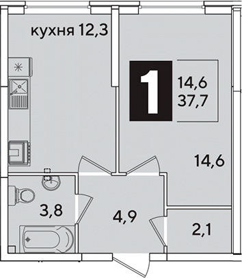 1-комн., 37.7 м², 1/16 этаж, ЖК «Самолет»