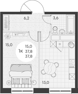 1-комн., 37.8 м², 15/16 этаж, ЖК «Грин Эппл»