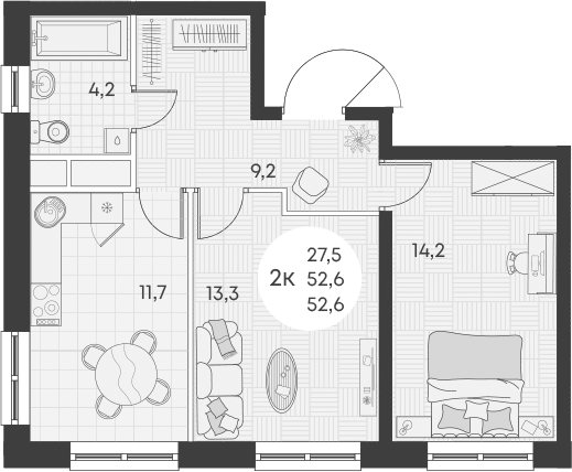 2-комн., 52.6 м², 15/15 этаж, ЖК «Грин Эппл»