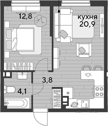 1-комн., 41.6 м², 7/16 этаж, ЖК «DОГМА ПАРК»