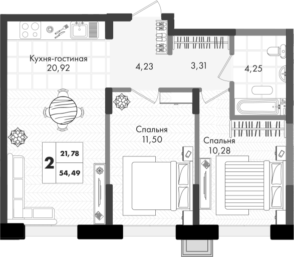 3-комн., 54.49 м², 8/9 этаж, ЖК «Зеленая территория»