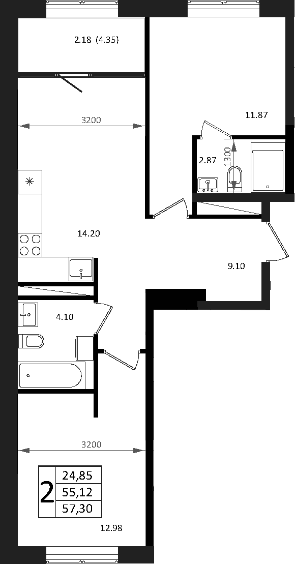 3-комн., 55.12 м², 2/7 этаж, ЖК «Патрики»