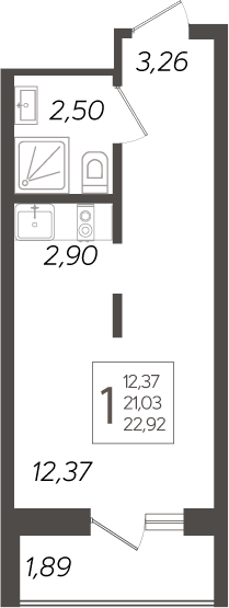 Студия, 21.03 м², 18/19 этаж, ЖК «Кислород»
