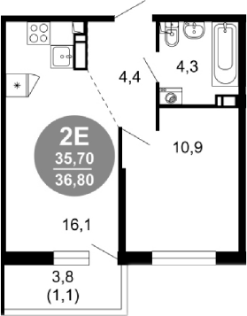 2-комн., 35.7 м², 2/17 этаж, ЖК «Лестория»
