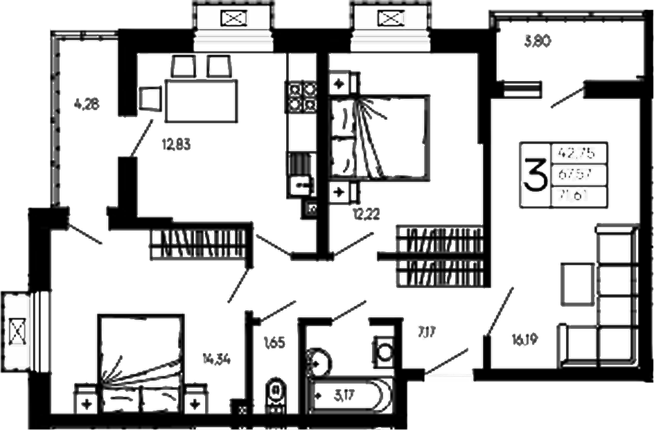 3-комн., 67.57 м², 2/14 этаж, ЖК «Эпос»