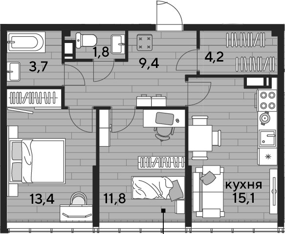 2-комн., 59.4 м², 15/16 этаж, ЖК «DОГМА ПАРК»