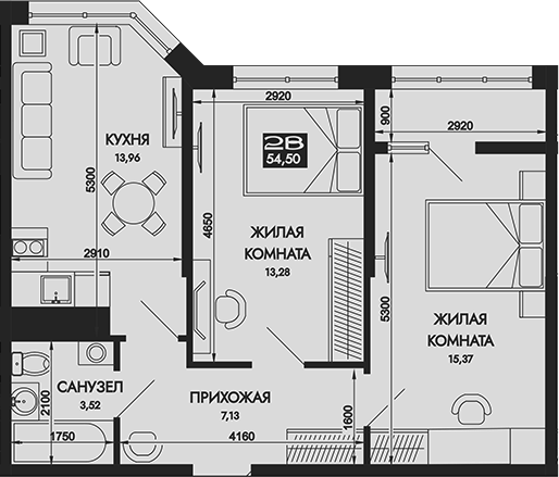 2-комн., 54.5 м², 9/16 этаж, ЖК «Вершины. ГК Смена»