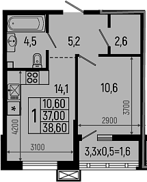 1-комн., 37 м², 2/11 этаж, ЖК «Звезды»