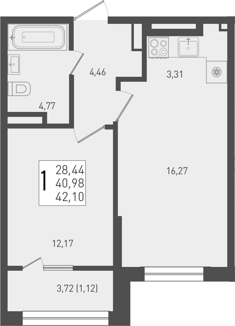 2-комн., 40.98 м², 9/9 этаж, ЖК «Югге»