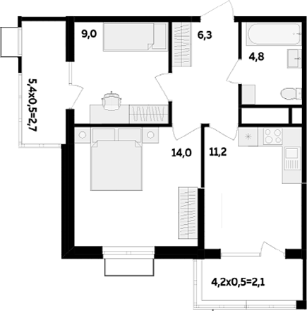 2-комн., 45.3 м², 5/16 этаж, ЖК «МегаСити»