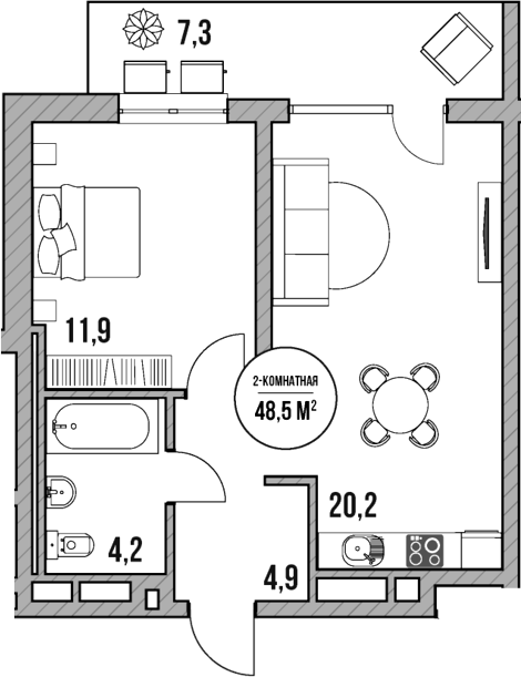 2-комн., 41.2 м², 5/5 этаж, ЖК «МореТут»