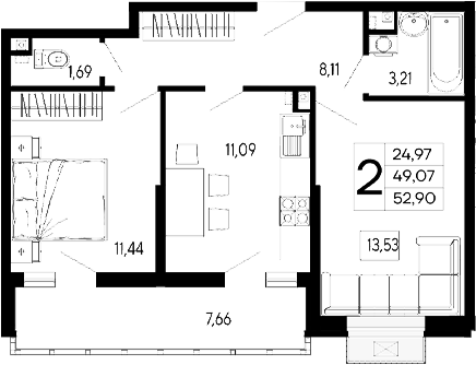 Продается 2-комн. квартира, 49.07 м²