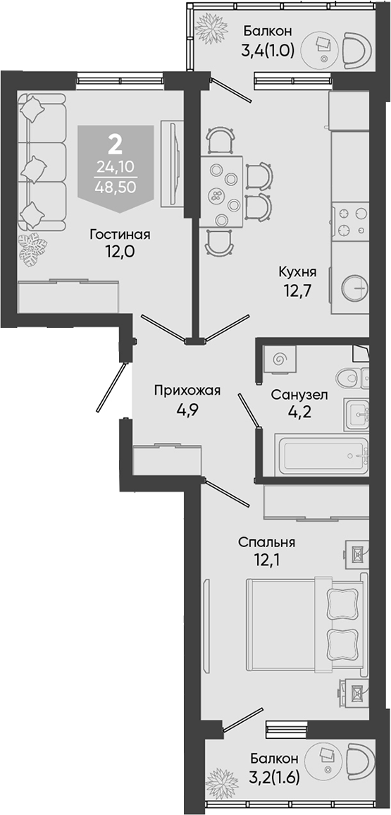 2-комн., 45.9 м², 1/24 этаж, ЖК «Облака»