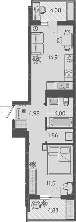 1-комн., 37.26 м², 2/18 этаж, ЖК «Теплые края»