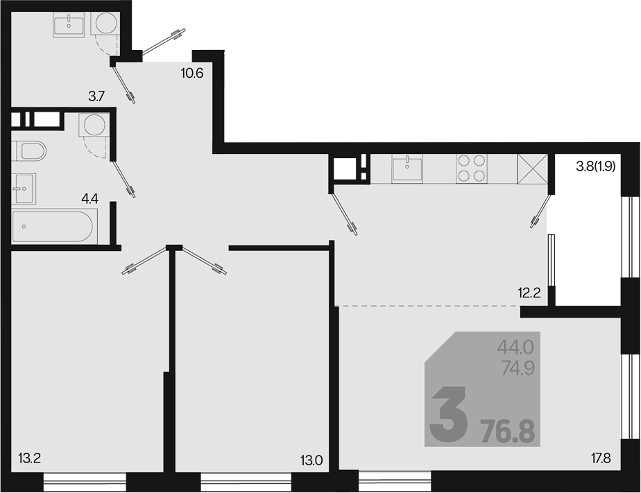 3-комн., 74.9 м², 7/18 этаж, ЖК «Первое место»