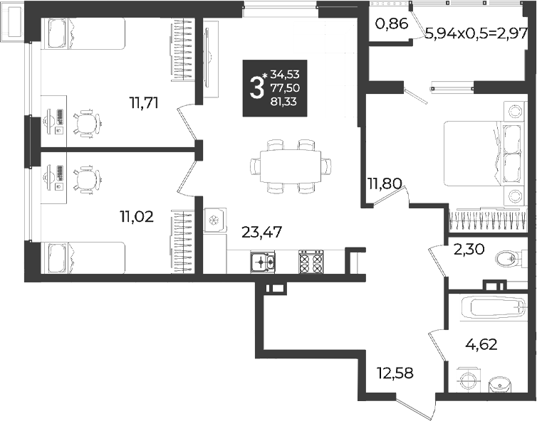 3-комн., 77.5 м², 4/18 этаж, ЖК «Образцово»