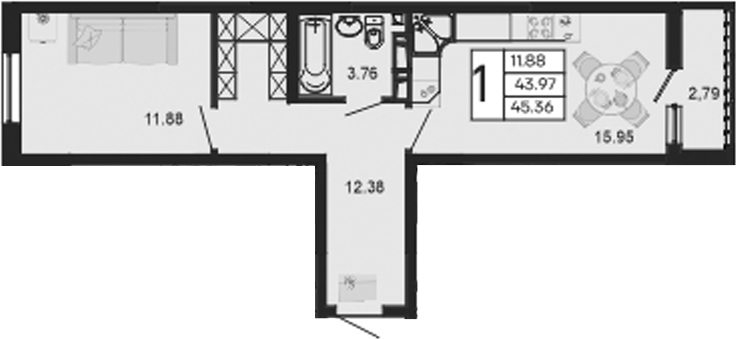 1-комн., 43.96 м², 8/9 этаж, ЖК «Дом 101»