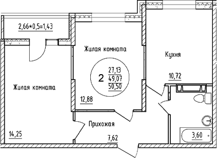 2-комн., 49.07 м², 14/16 этаж, ЖК «Друг»