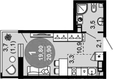 Студия, 19.8 м², 12/12 этаж, ЖК «Флора»