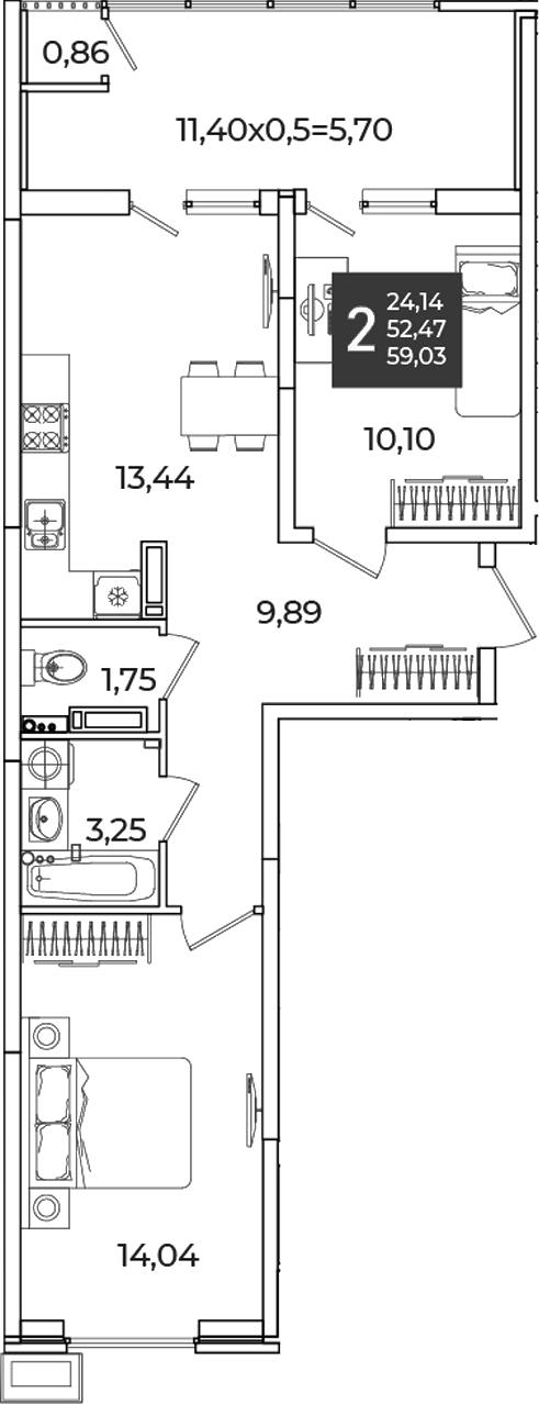 Продается 2-комн. квартира, 52.47 м²